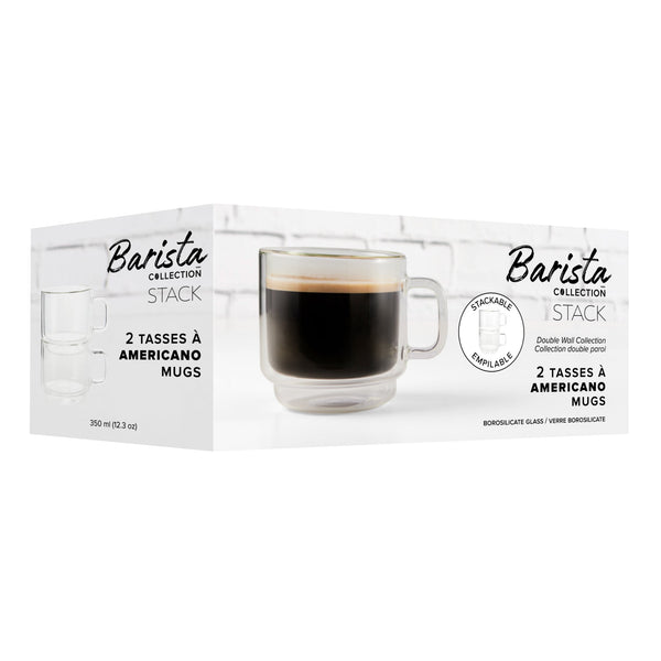 Insulated Double-Wall Glass Coffee Tea Hot or Cold Beverage Mug 2 Piece Set 350ml, Barista