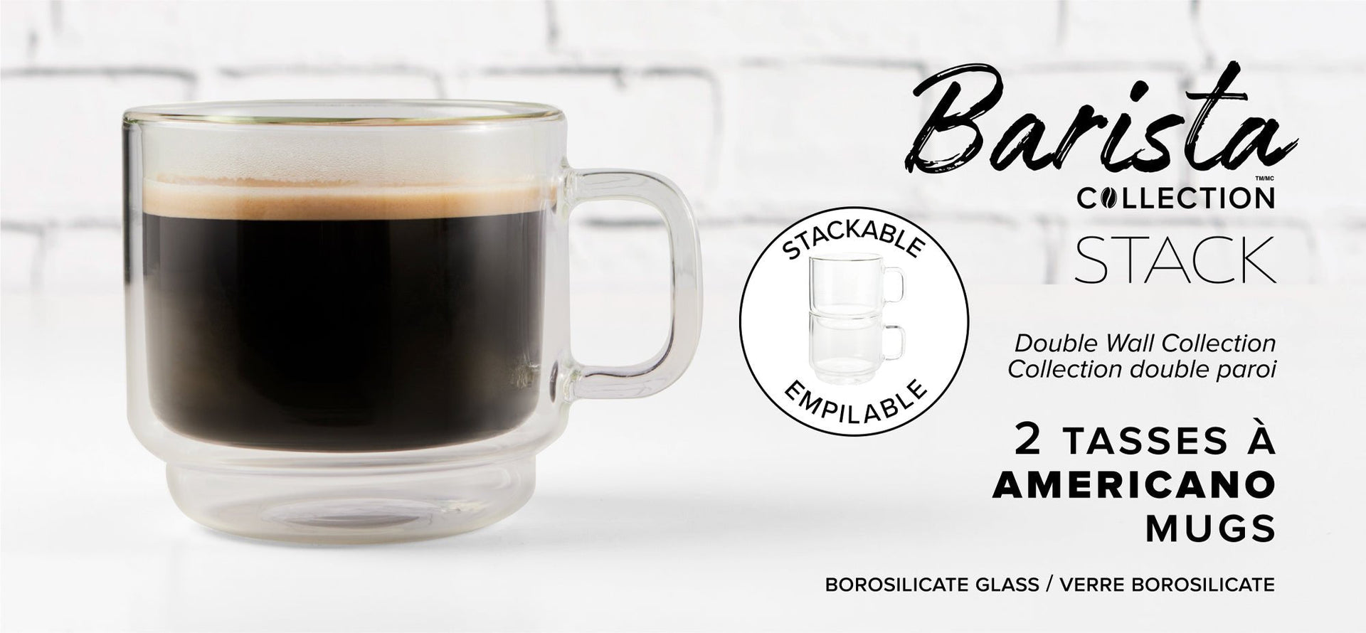 Insulated Double-Wall Glass Coffee Tea Hot or Cold Beverage Mug 2 Piece Set 350ml, Barista