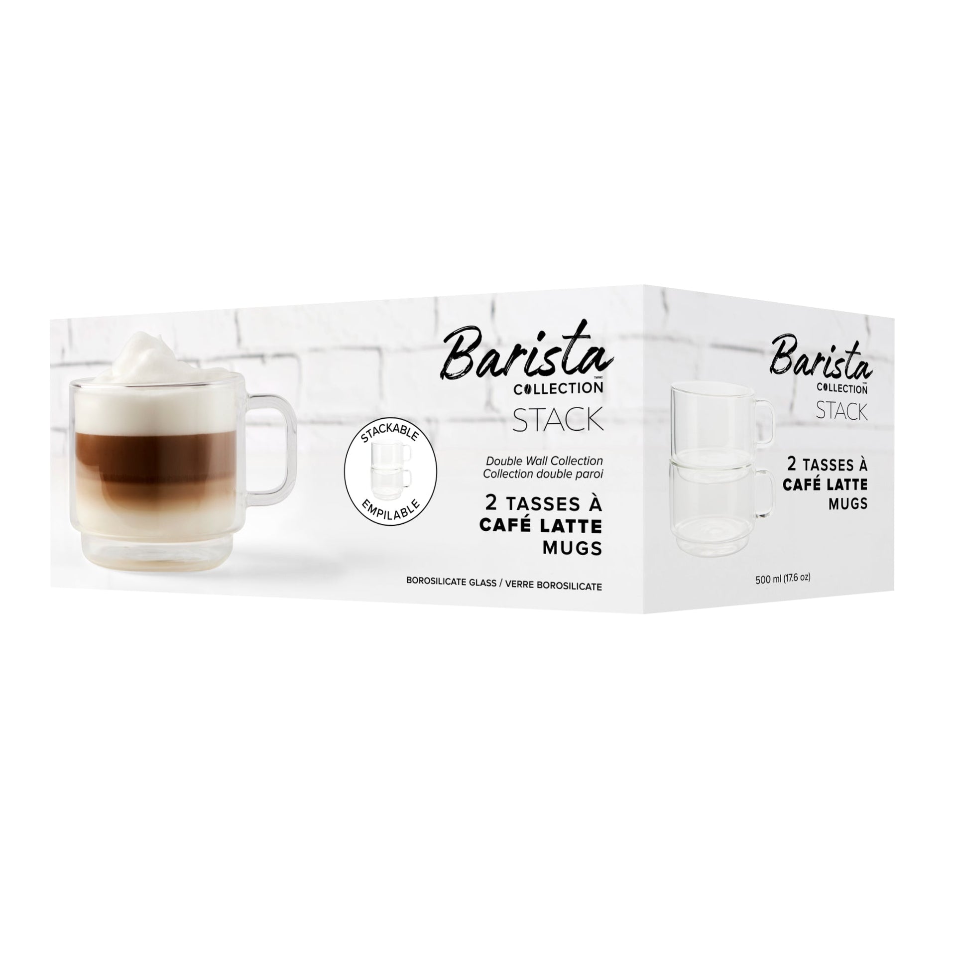 Insulated Double-Wall Glass Coffee Tea Hot or Cold Beverage Mug 2 Piece Set 500ml, Barista