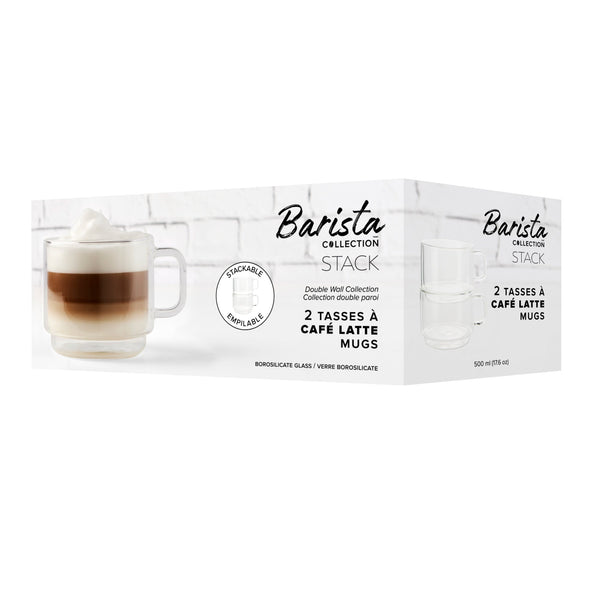 Insulated Double-Wall Glass Coffee Tea Hot or Cold Beverage Mug 2 Piece Set 500ml, Barista