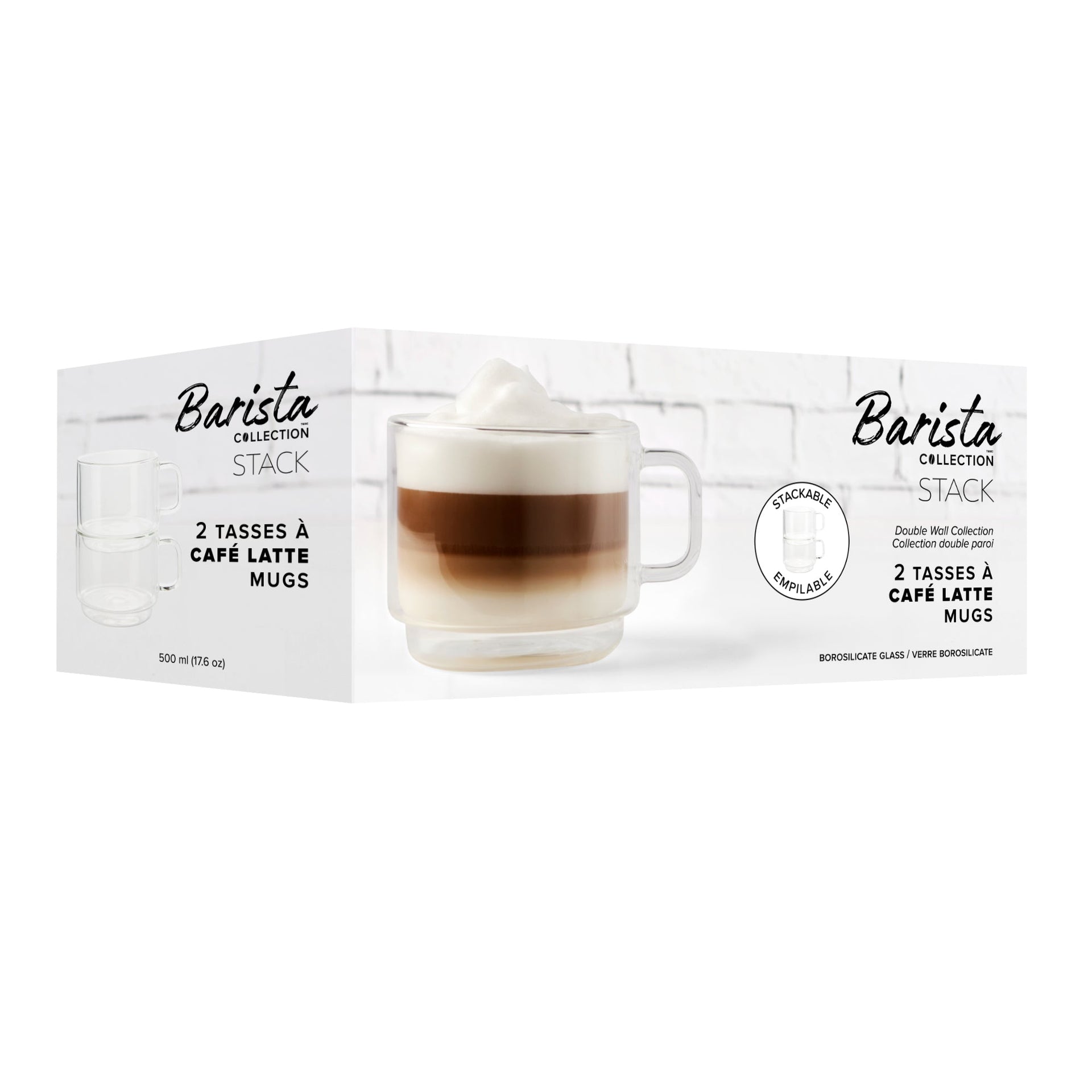 Insulated Double-Wall Glass Coffee Tea Hot or Cold Beverage Mug 2 Piece Set 500ml, Barista