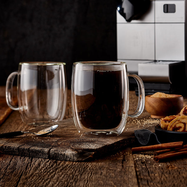 Insulated Double-Wall Glass Coffee Tea Hot or Cold Beverage Mug 4 Piece Set 350ml, Barista