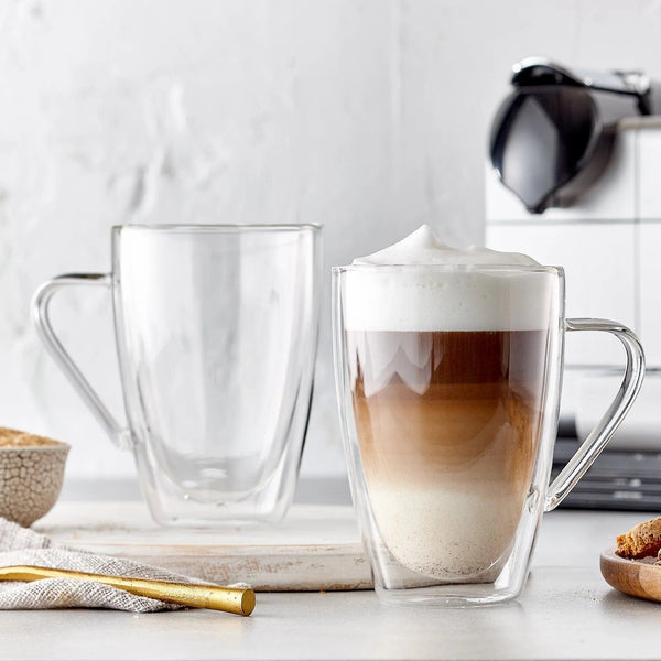 Insulated Double-Wall Glass Coffee Tea Hot or Cold Beverage Mug 4 Piece Set 435ml, Barista - Gifts for You 'n Me