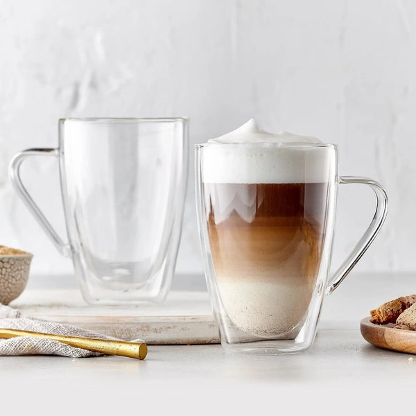 Insulated Double-Wall Glass Coffee Tea Hot or Cold Beverage Mug 4 Piece Set 435ml, Barista - Gifts for You 'n Me
