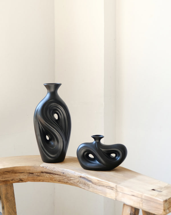 Handmade Contemporary Abstract Ceramic Black Flower Vase - Decorative Irregular Vase
