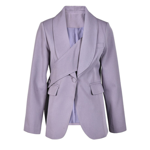 Irregular waist cinching purple suit tie with waist cinching and splicing design casual jacket