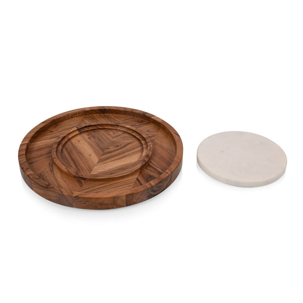 Wooden and marble round trays on a white background