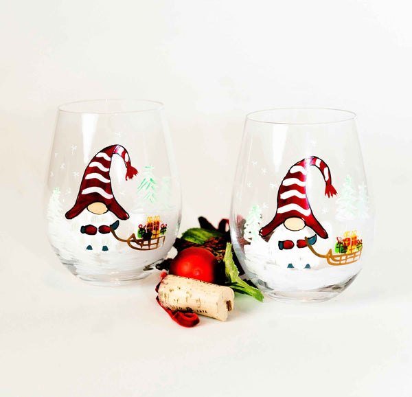 Painted Christmas Gnome Stemless Wine Glasses