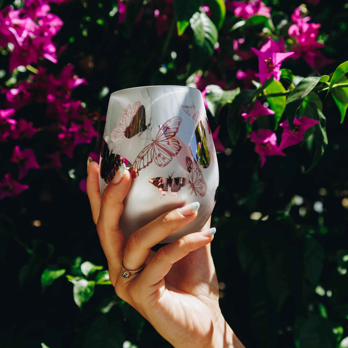 Pink Butterfly Stemless Wine Glasses