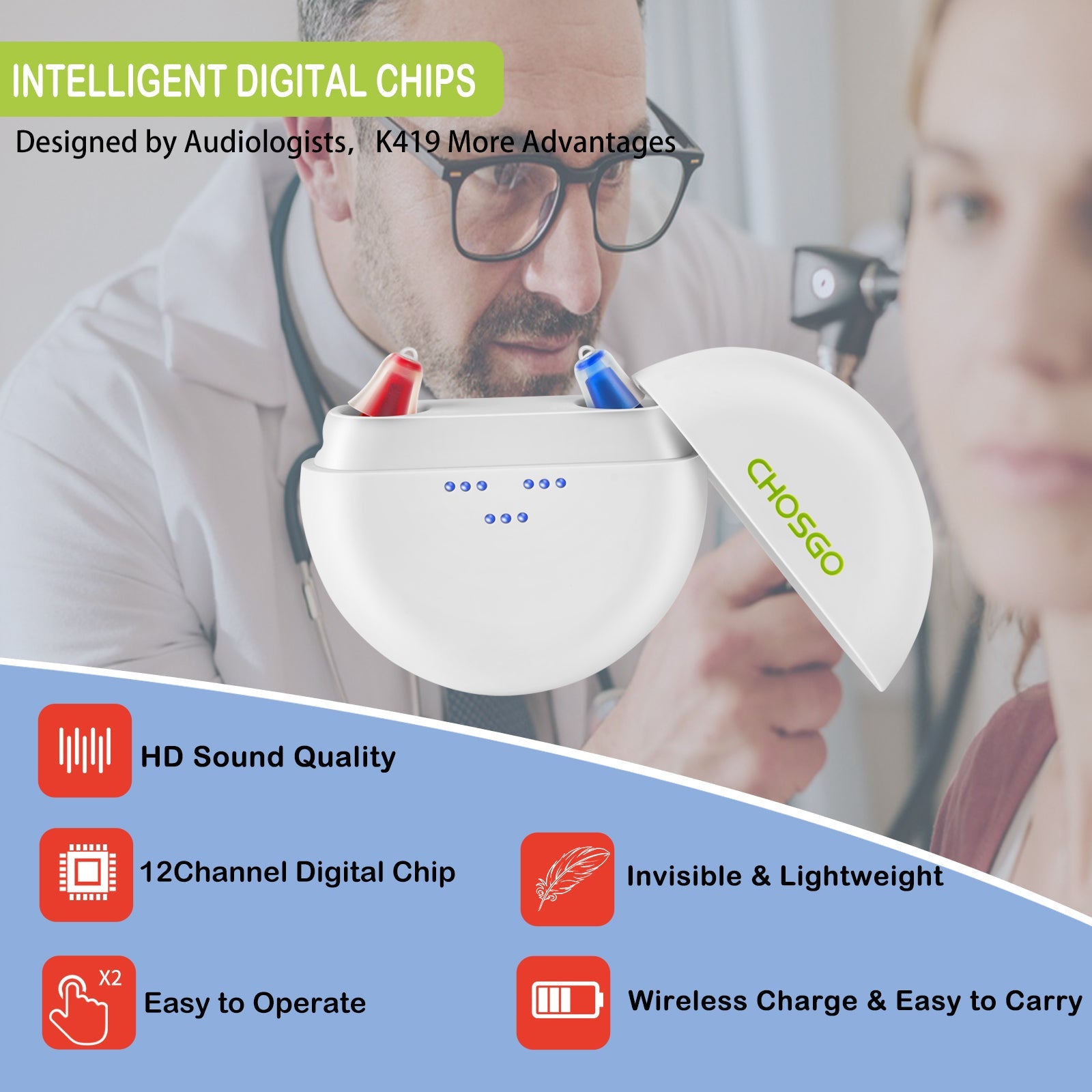 CHOSGO Rechargeable Mini CIC Hearing Aids for Seniors | Digital Noise Cancelling In-Ear OTC Hearing Devices