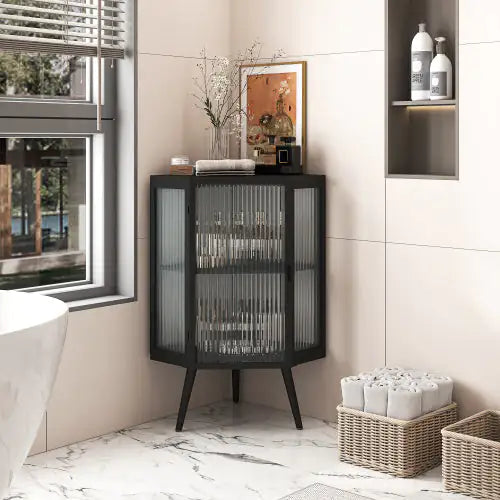 Floor Conical Cabinet With Tempered Glass Door And Storage Shelves Ameraeon