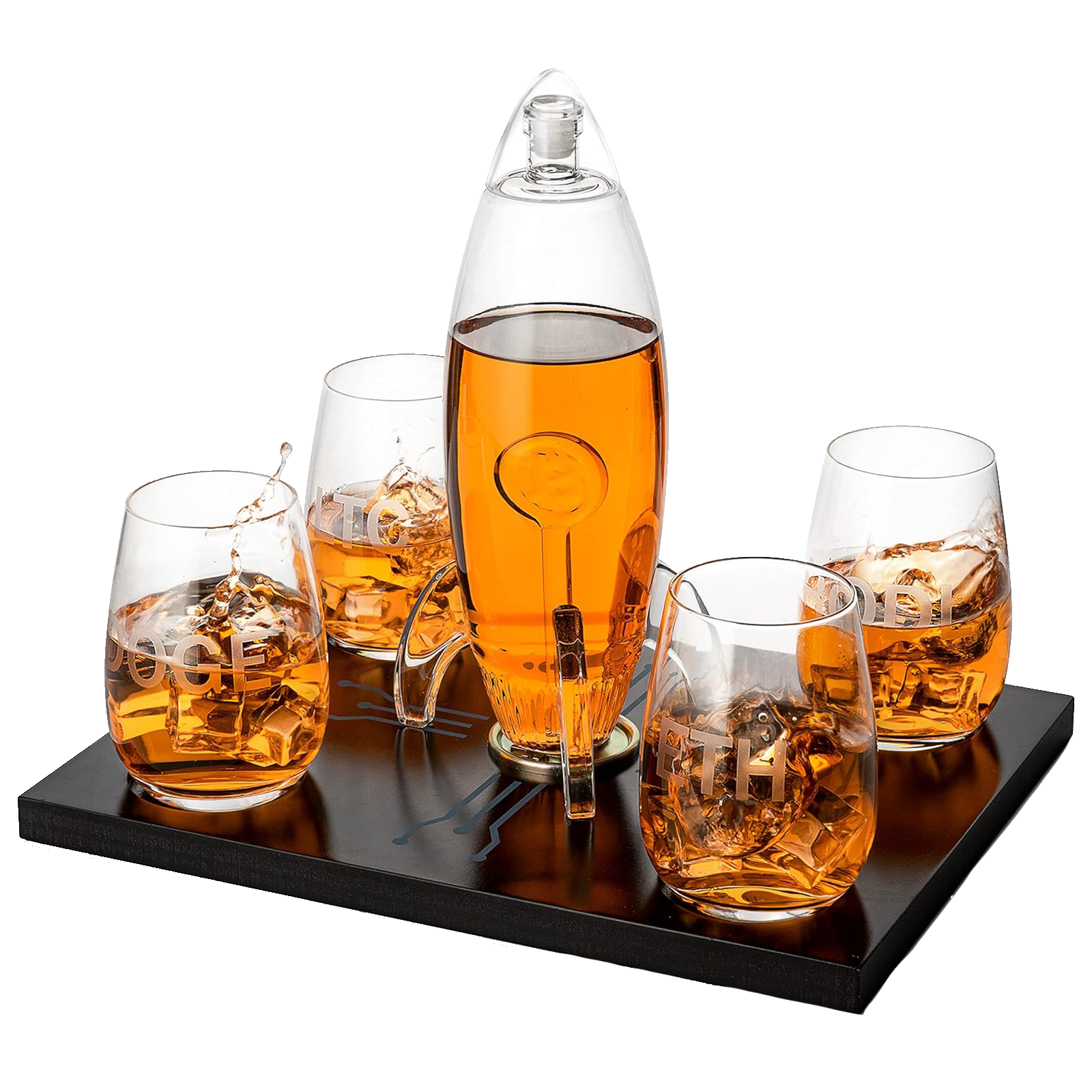 Cryptocurrency Decanter, Bitcoin Decanter To The Moon, Crypto Elon Musk Lovers Ethereum Whiskey & Wine Decanter Set 450ml Four 12 oz Glasses by The Wine Savant Rocket Decanter - Crypto Gifts, HODL