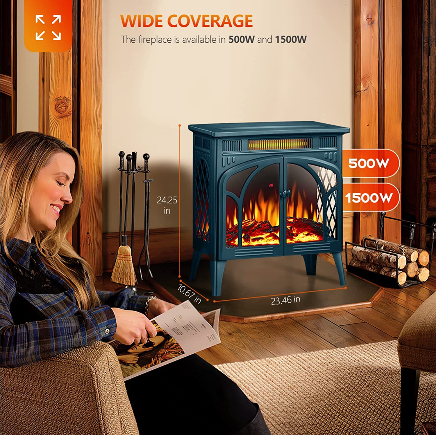 Woman sitting in a cozy room with a blue electric fireplace, surrounded by logs and fire tools.