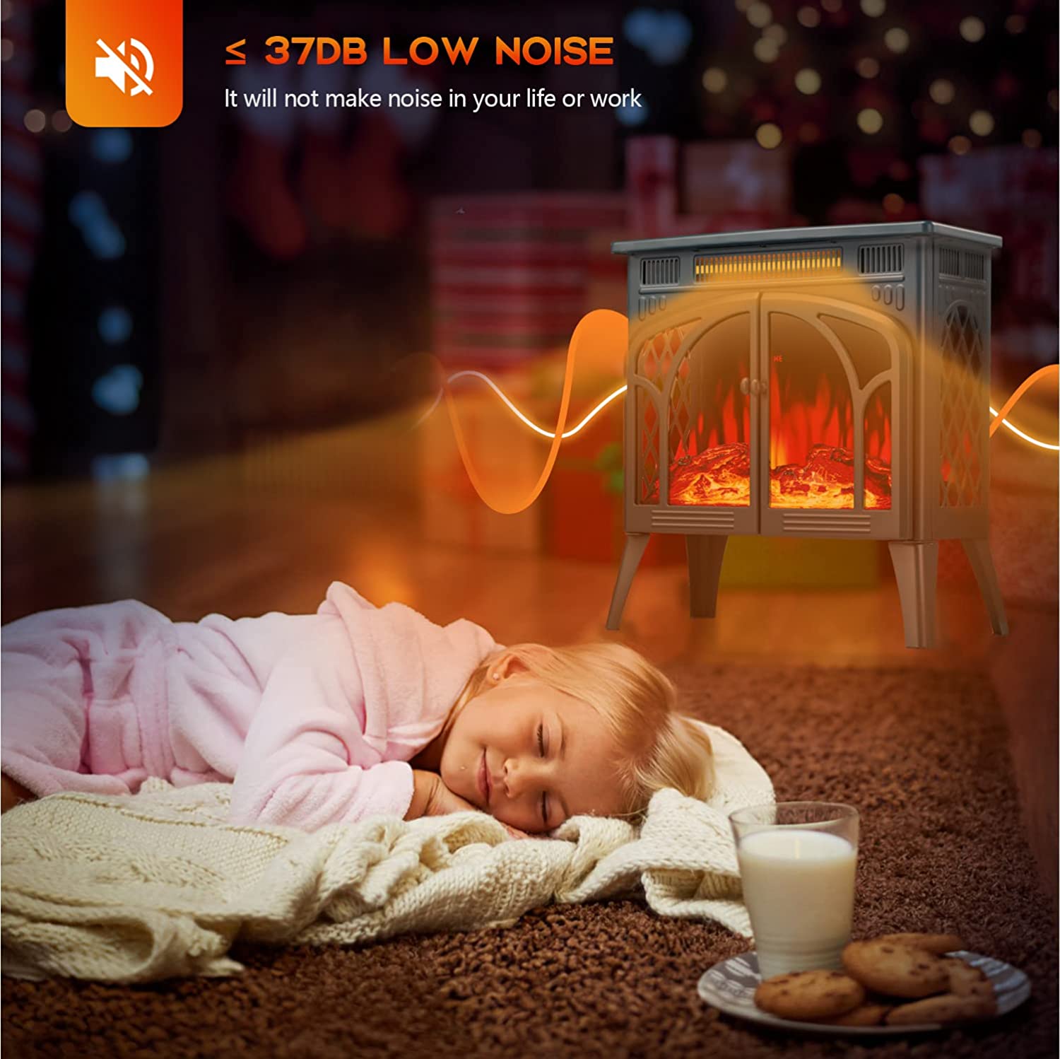 Child sleeping with a glass of milk and cookies next to a fireplace, emphasizing low noise feature.