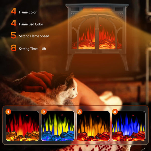 Electric fireplace with flame color options displayed on a blurred background