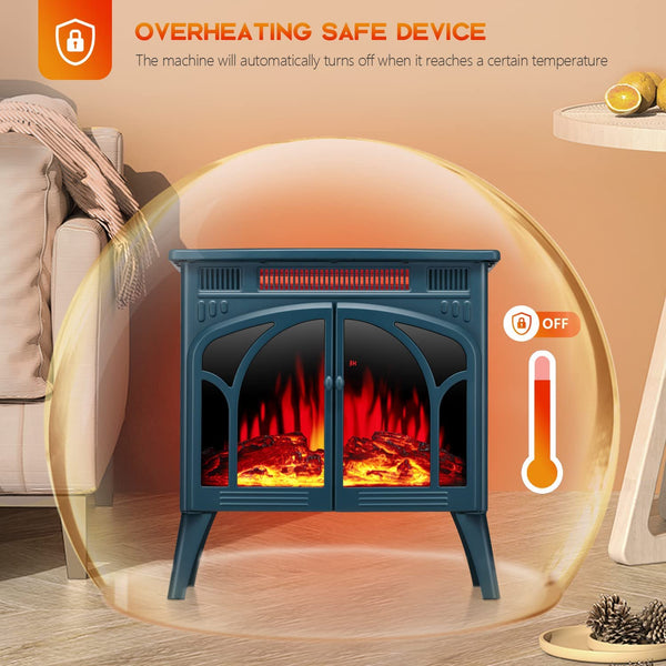 Electric stove with flame effect in a living room setting, featuring overheating safe device text.