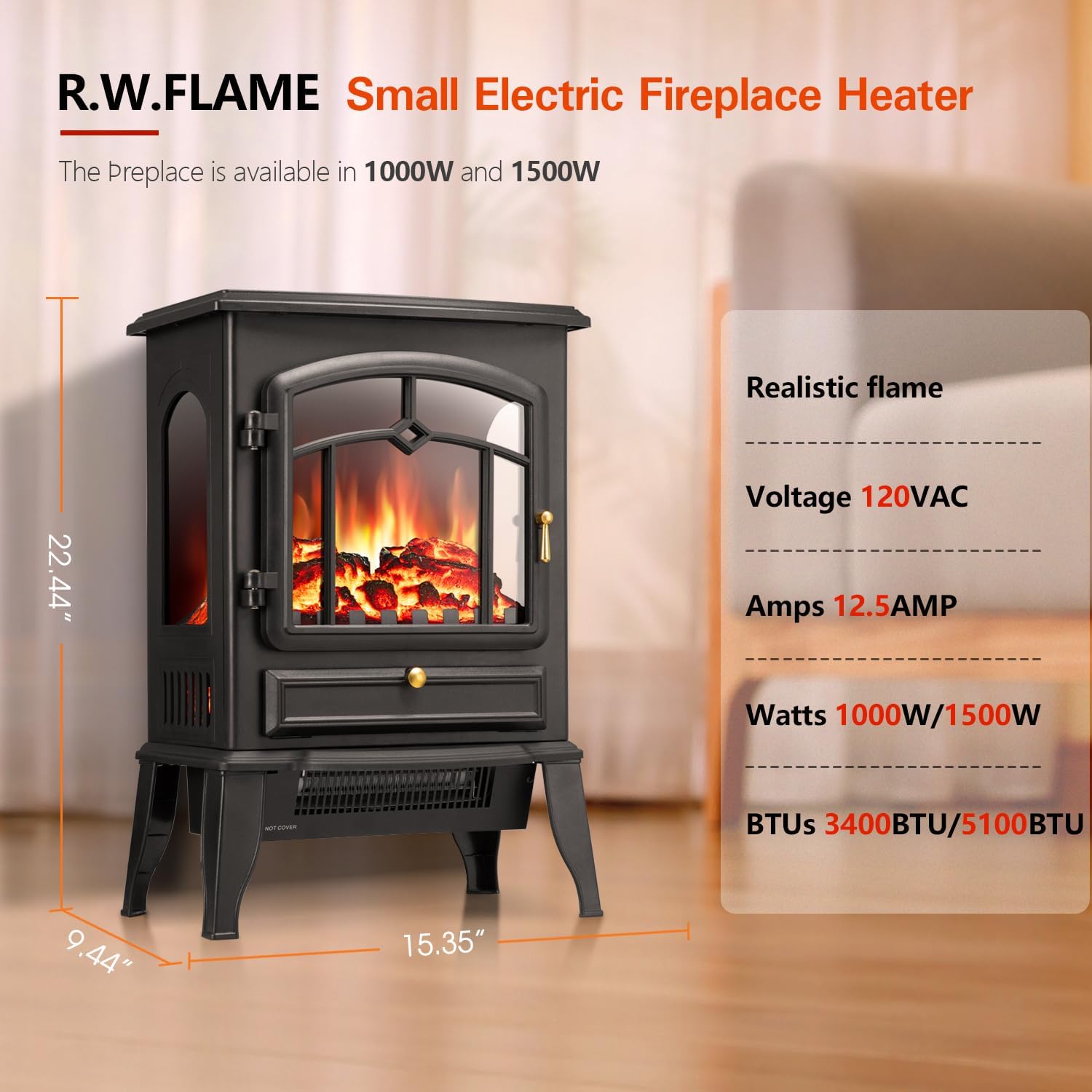 Electric Fireplace Stove Heater with Thermostat Control 520232 Kismile