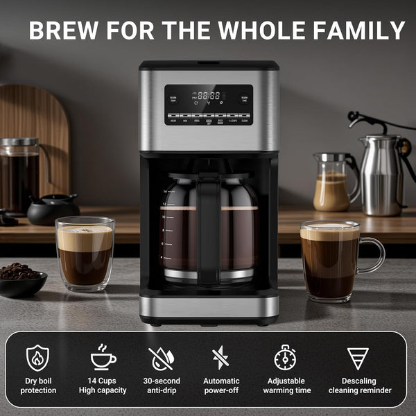 Coffee maker with two cups of coffee on a kitchen counter, featuring text 'Brew for the whole family'.