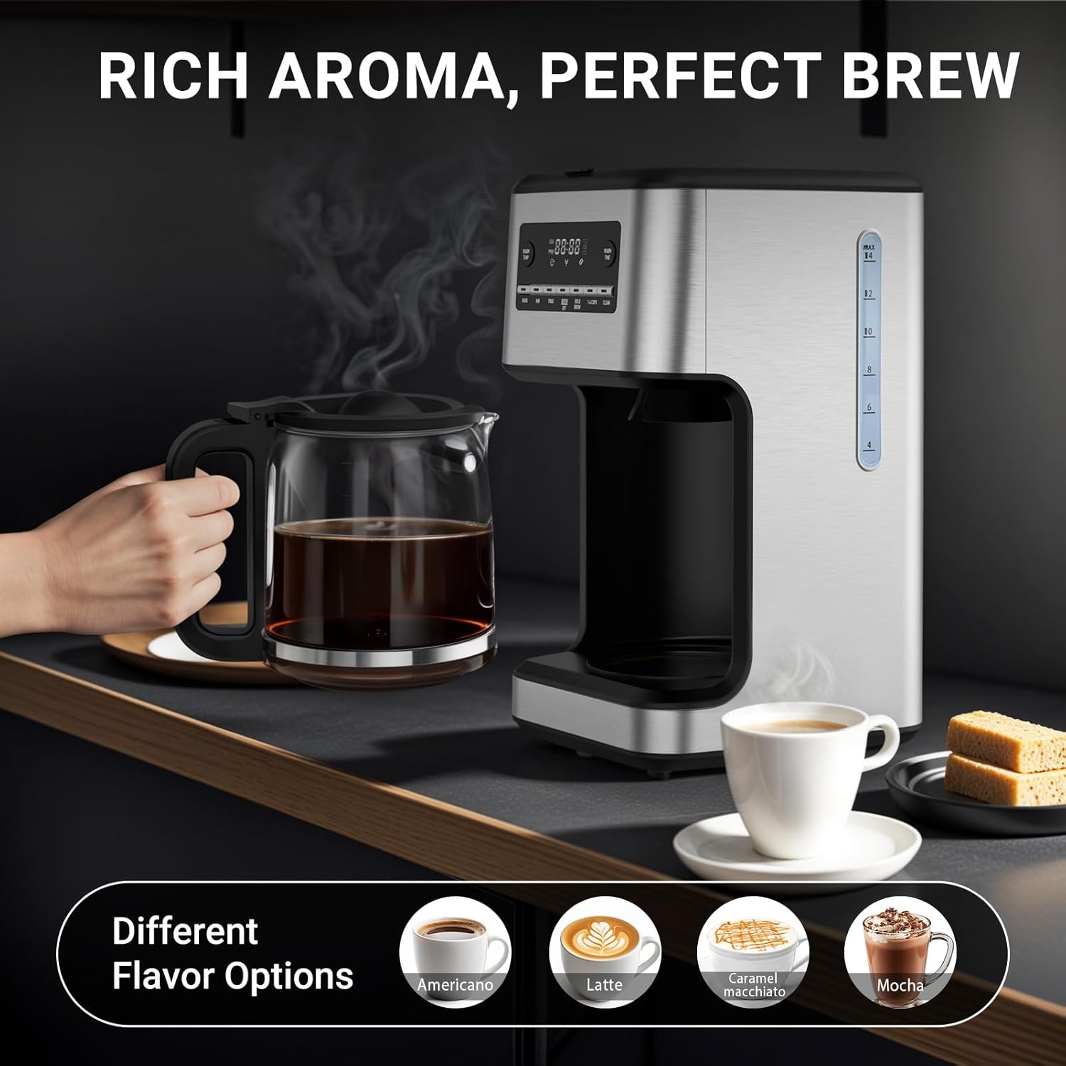 Coffee maker with a cup of coffee and a glass carafe on a dark surface, with text 'Rich Aroma, Perfect Brew' and flavor options displayed.
