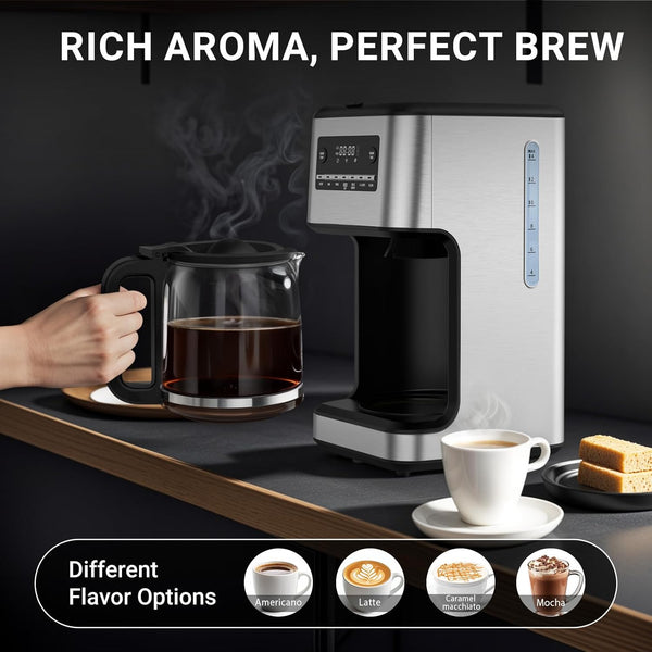 Coffee maker with a cup of coffee and a glass carafe on a dark surface, with text 'Rich Aroma, Perfect Brew' and flavor options displayed.