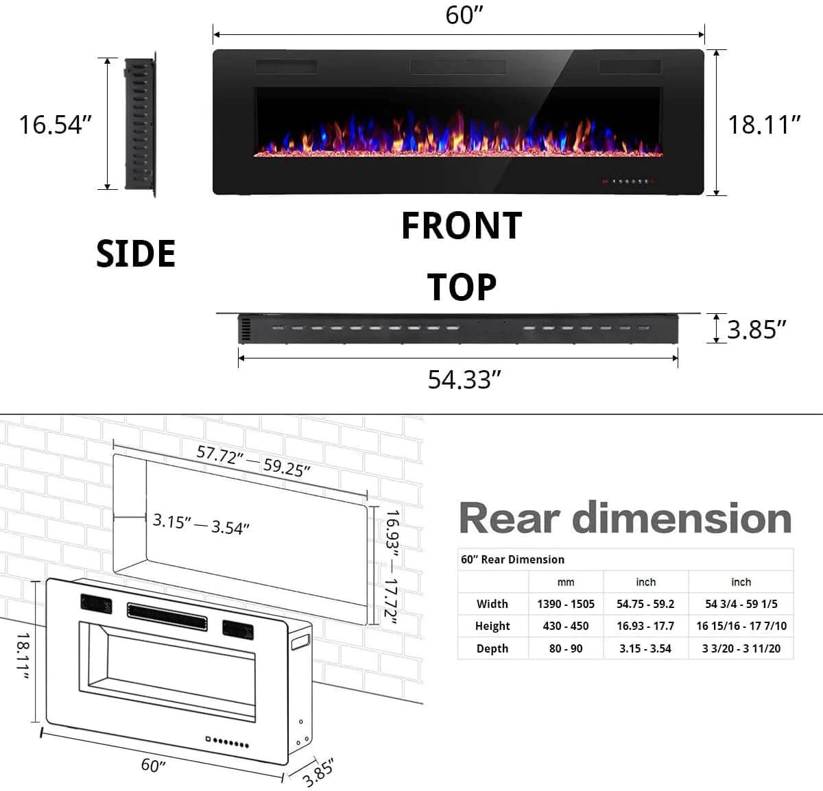 Electric Fireplace Recessed and Wall Mounted,830C3,836C3,842C3,850C3,860C3,868C3 Kismile