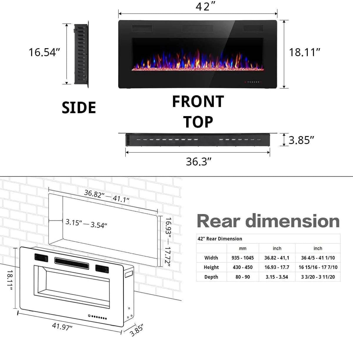 Electric Fireplace Recessed and Wall Mounted,830C3,836C3,842C3,850C3,860C3,868C3 Kismile