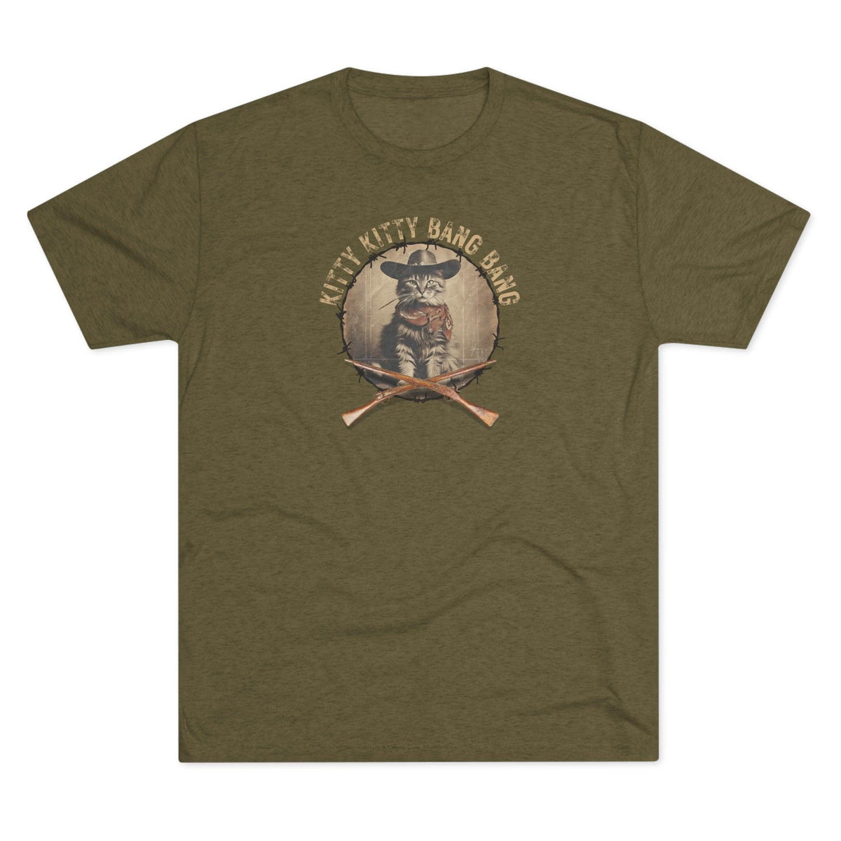 Wild Kitty Bang Bang Tri-Blend Tee – Funny Cowboy Cat Shirt
