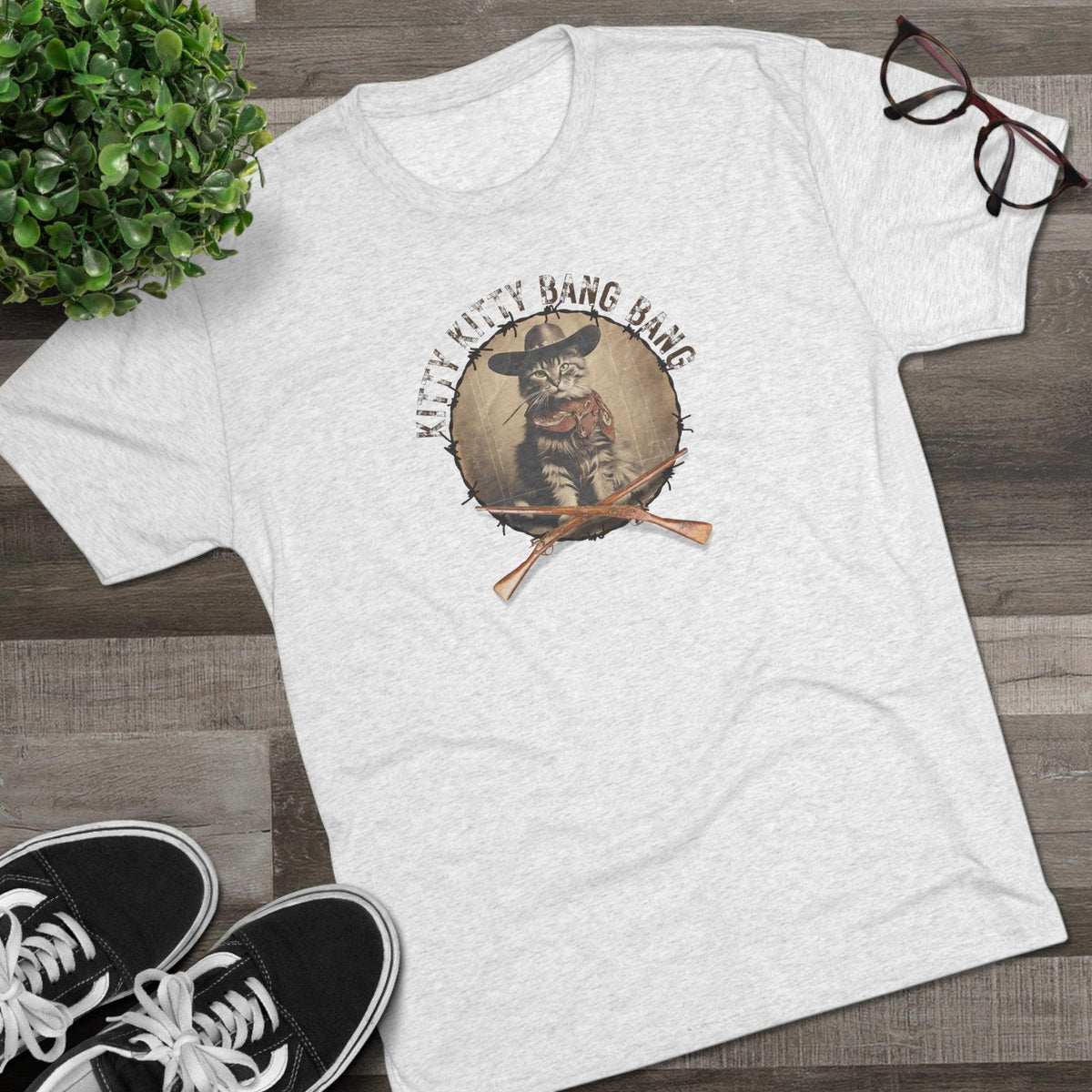 Wild Kitty Bang Bang Tri-Blend Tee – Funny Cowboy Cat Shirt