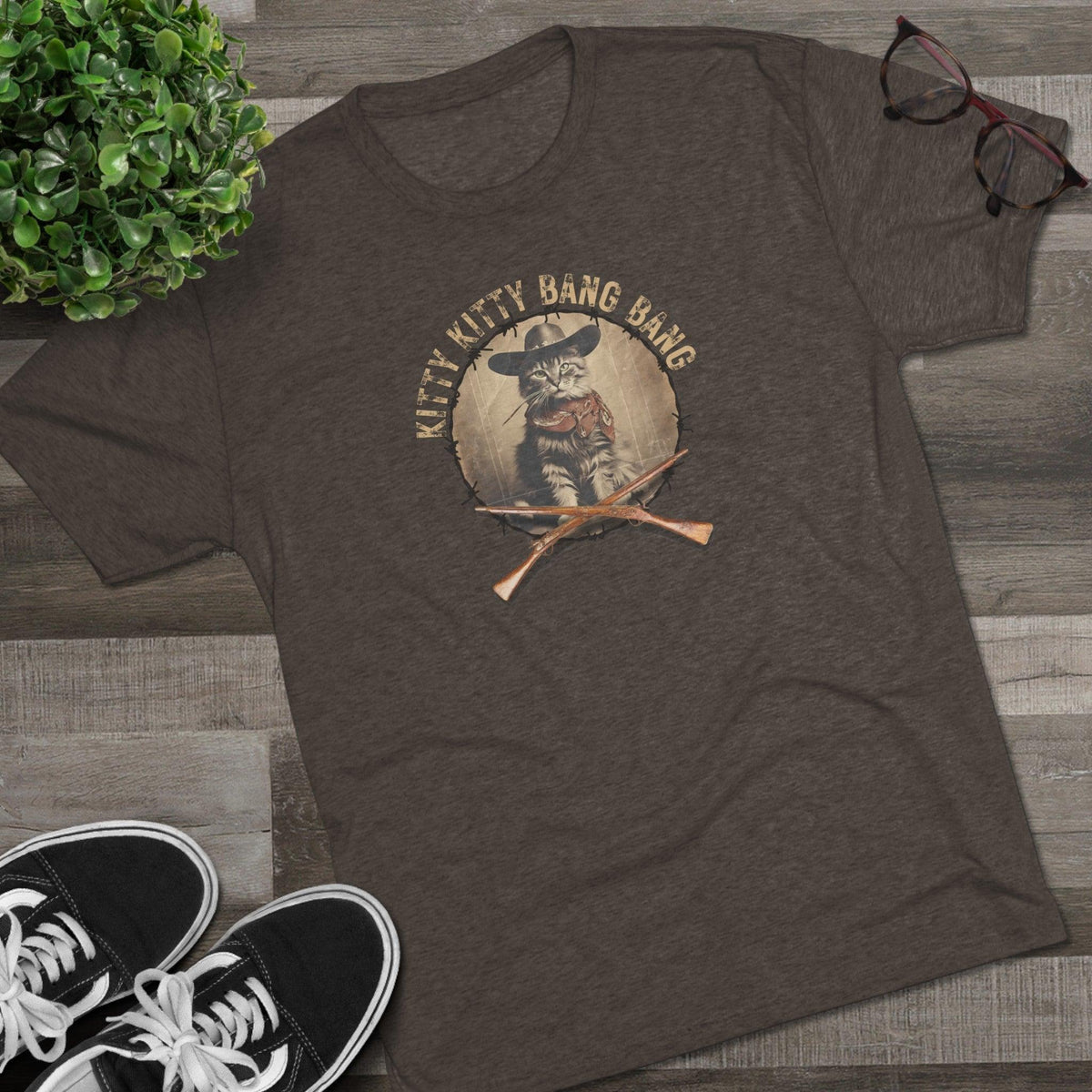 Wild Kitty Bang Bang Tri-Blend Tee – Funny Cowboy Cat Shirt