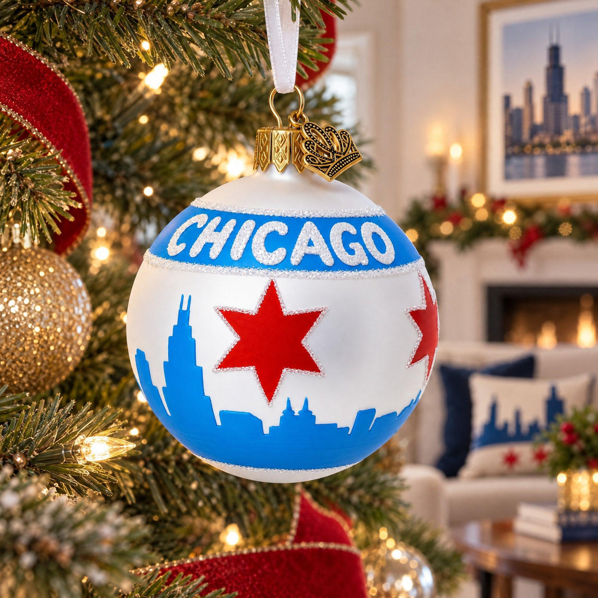 Chicago Flag Glass Ball Christmas Ornament 3.25 Inches