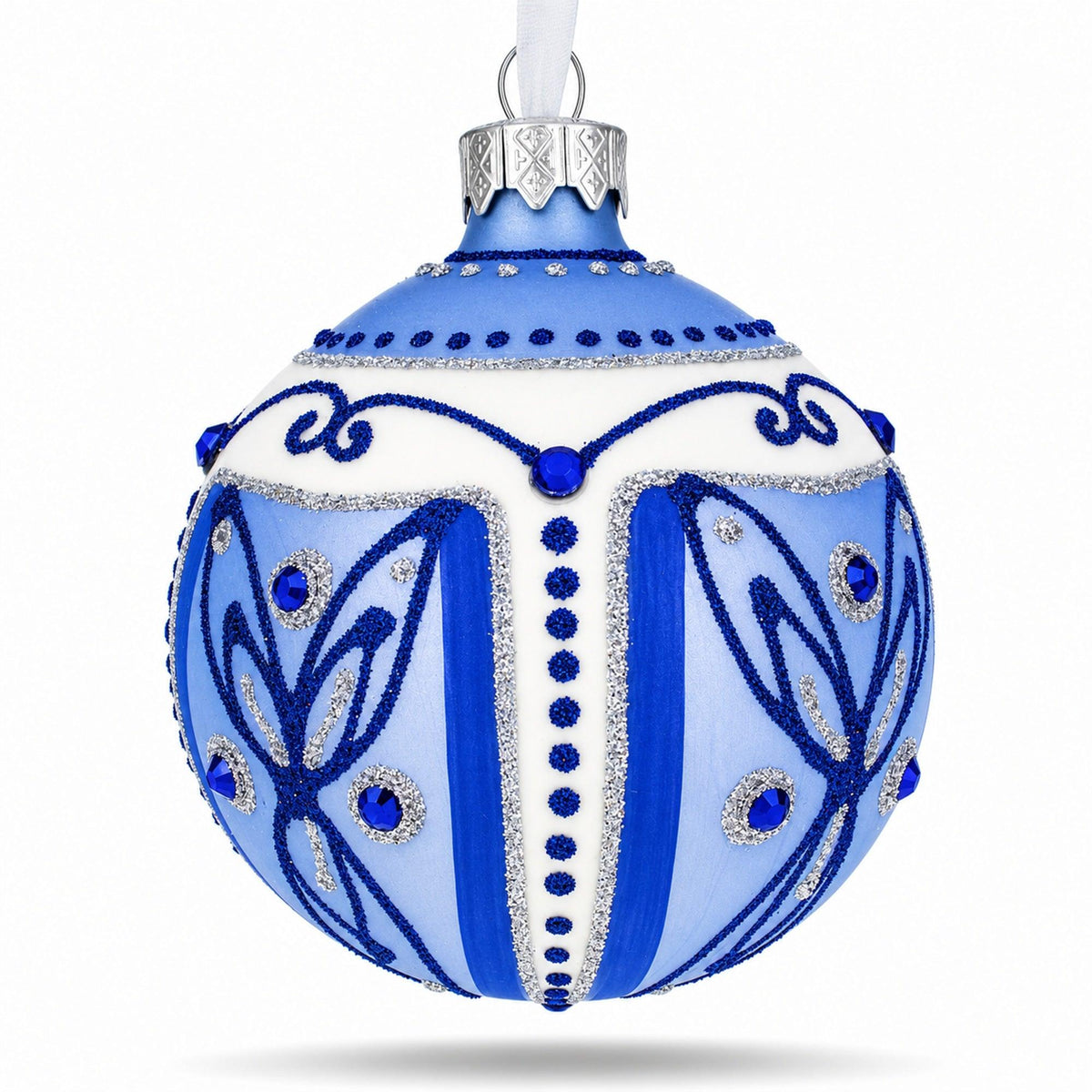 Blue Leaves Glass Ball Christmas Ornament 3.25 Inches