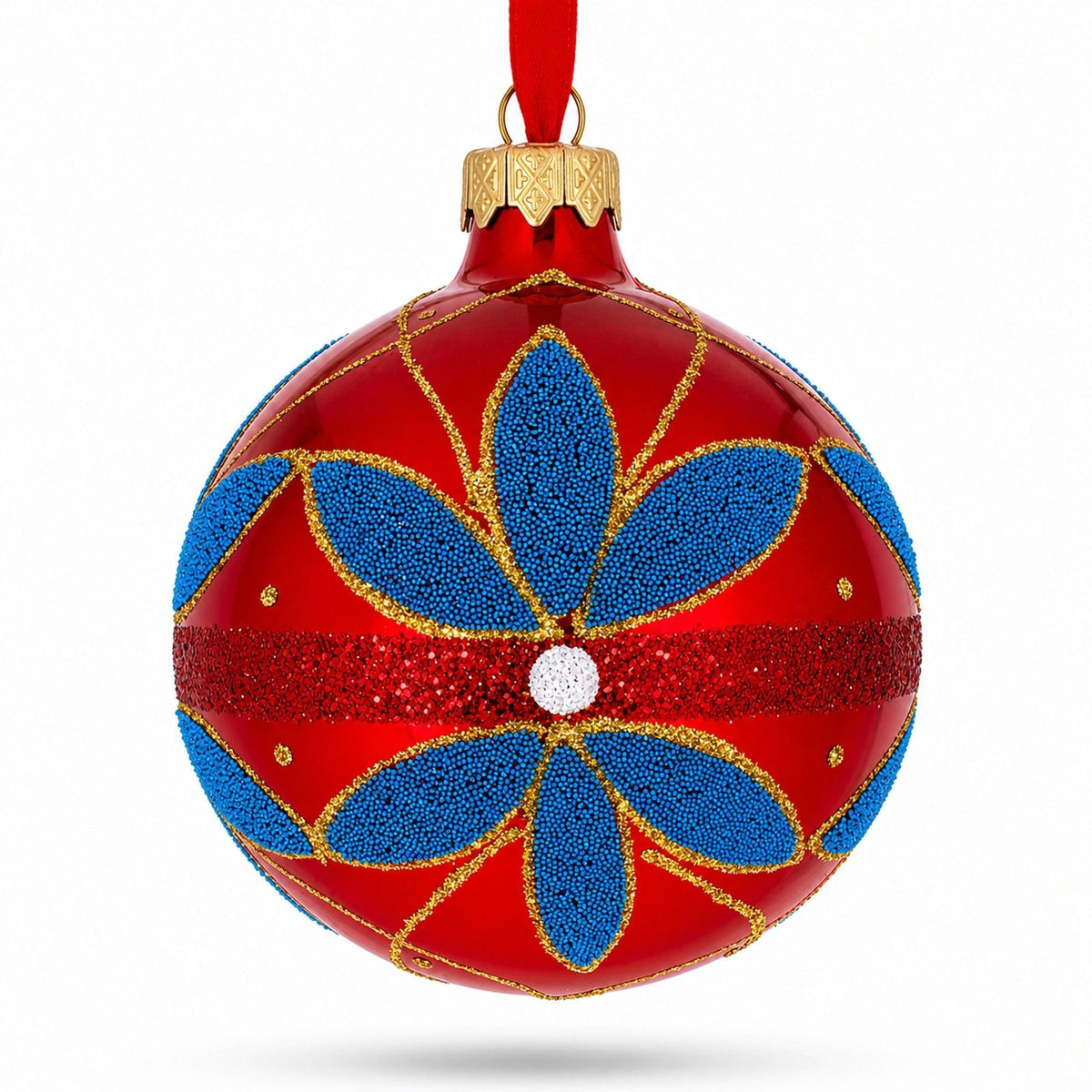 Blue Flowers on Red Glass Ball Christmas Ornament 3.25 Inches