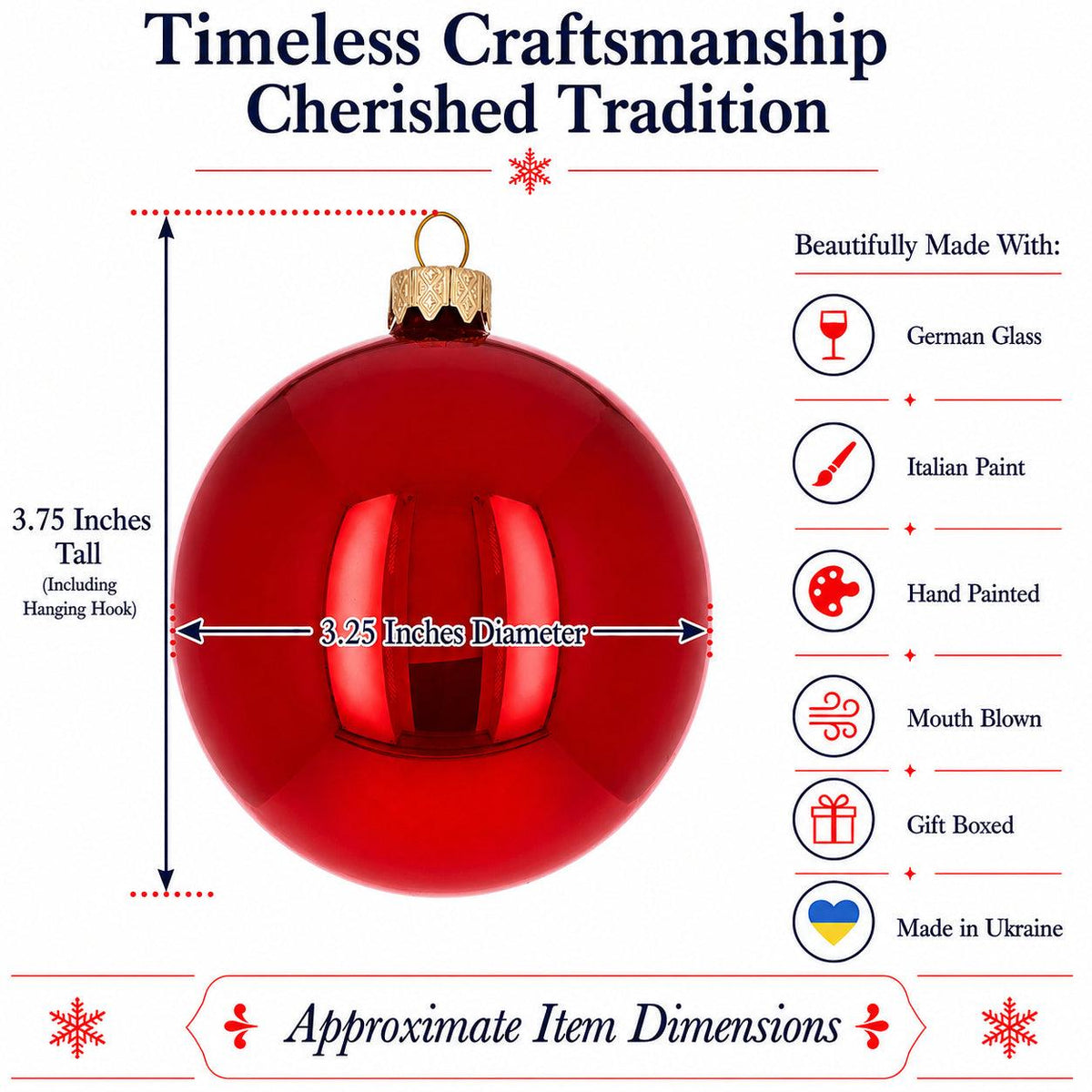 Set of 6 Red Glossy Glass Ball Christmas Ornaments 3.25 Inches (039)