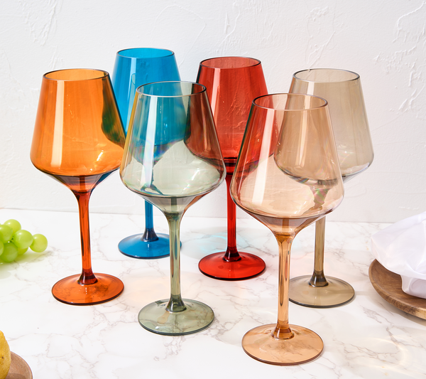 European Style Crystal, Stemmed Wine Glasses, Acrylic Glasses Tritan Drinkware, Unbreakable Muted Color | Set of 6 | Shatterproof BPA-free plastic, Reusable, All Purpose Glassware, Hand Wash Only 15oz