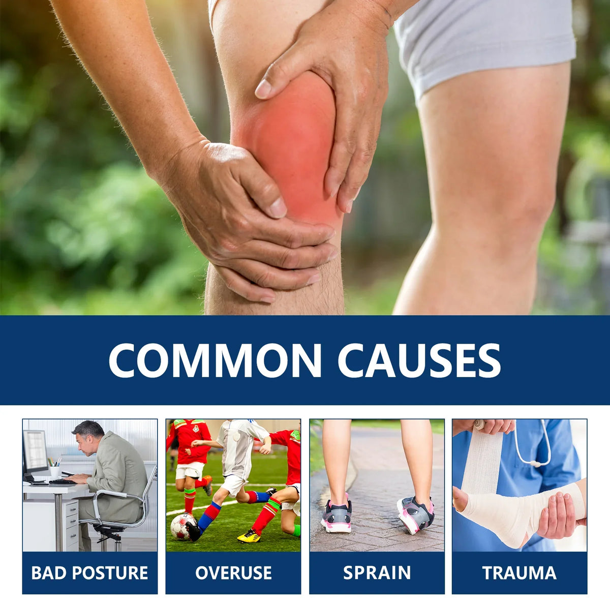 Applying Ximonth ointment on knee and highlighting four common joint pain areas