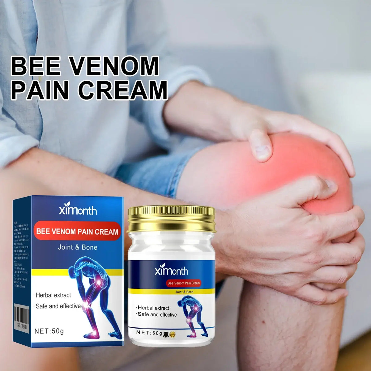 Applying Ximonth Bee Venom Joint Care Cream on red swollen knee for pain relief