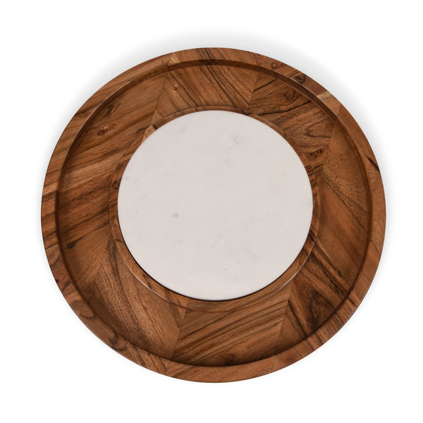 Wooden tray with a marble center on a white background