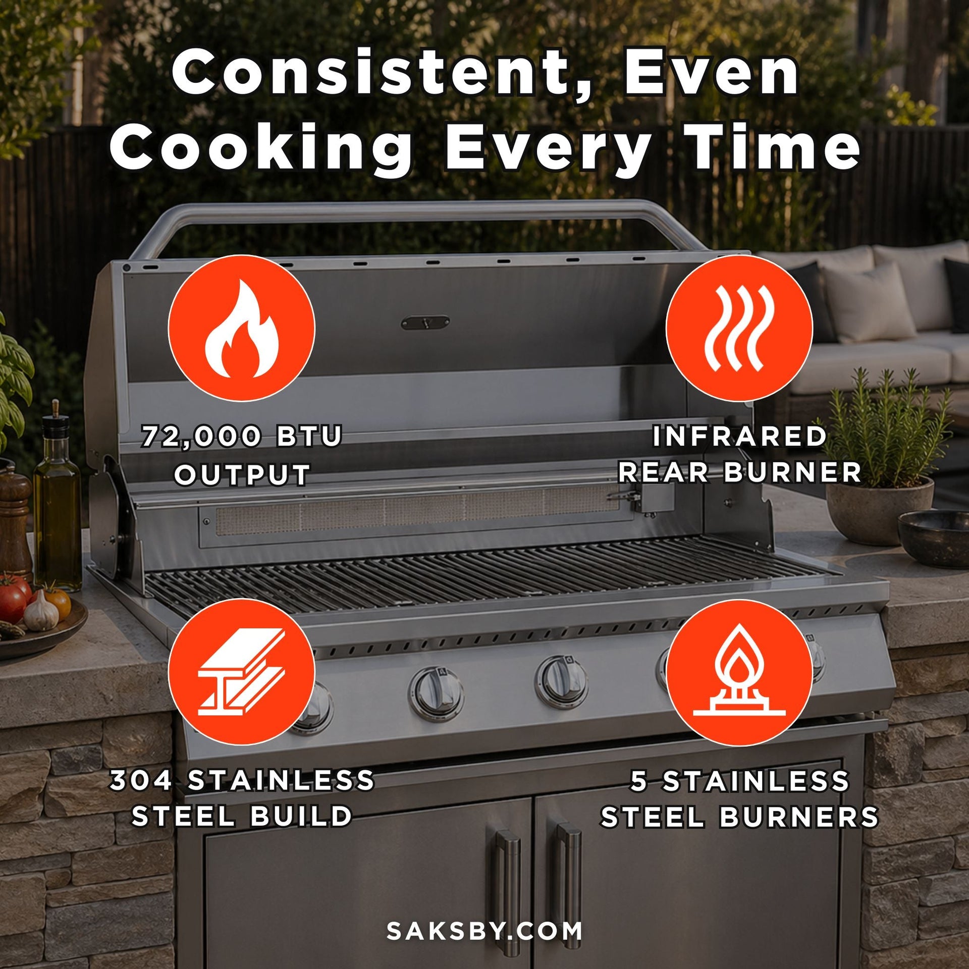 KoKoMo Grills 40-Inch Heavy-Duty 72K BTU LP/NG 5 Burner Built-In Stainless Steel Gas Grill [KO-BAK5BG] (SAK73152)