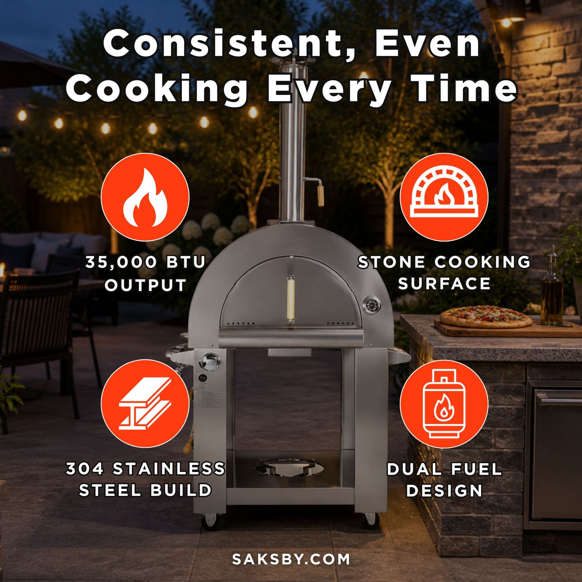 KoKoMo Grills Premium 32-Inch Stainless Steel Dual Fuel Gas Or Wood Fired Pizza Oven [KO-PIZZAOVEN] (SAK14753)