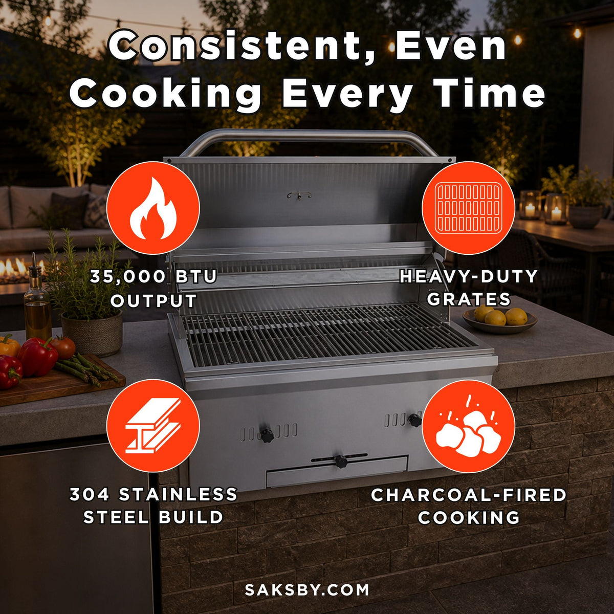 KoKoMo Grills 32-Inch Premium Built-In Charcoal Grill With 304 Stainless Steel And Adjustable Heat Tray [KO-CHAR32] (SAK32504)