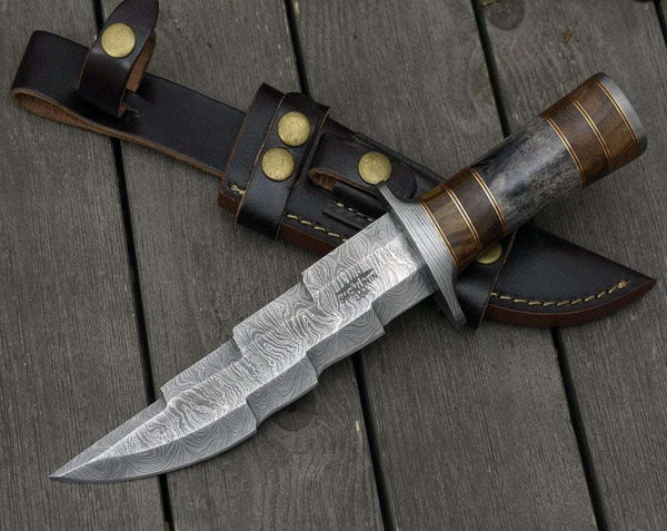 Kris Damascus Hunting Bowie Knife with Exotic Rose wood & Bone handle - Gifts for You 'n Me