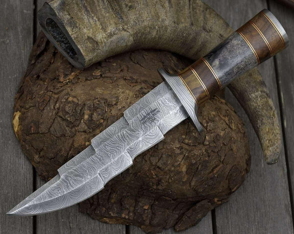 Kris Damascus Hunting Bowie Knife with Exotic Rose wood & Bone handle - Gifts for You 'n Me