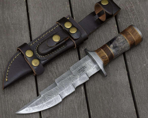 Kris Damascus Hunting Bowie Knife with Exotic Rose wood & Bone handle - Gifts for You 'n Me