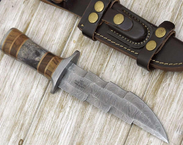 Kris Damascus Hunting Bowie Knife with Exotic Rose wood & Bone handle - Gifts for You 'n Me