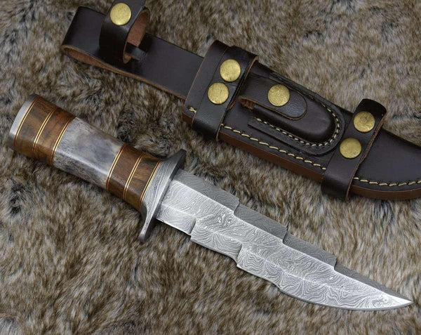 Kris Damascus Hunting Bowie Knife with Exotic Rose wood & Bone handle - Gifts for You 'n Me