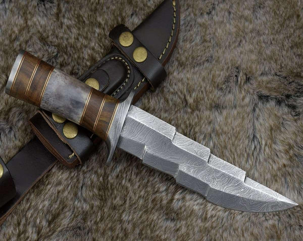 Kris Damascus Hunting Bowie Knife with Exotic Rose wood & Bone handle - Gifts for You 'n Me
