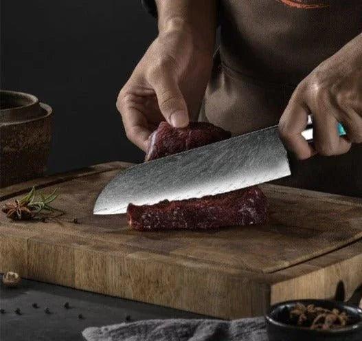 Kurenai VG10 Chef Knife Damascus Santoku Knife with Exotic Olive Wood & River Handle - Gifts for You 'n Me