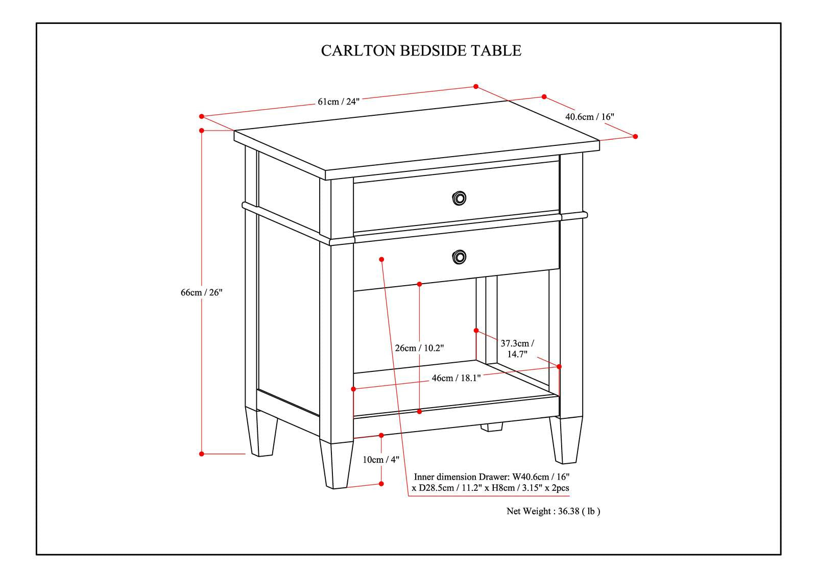 Carlton 24 Inch Wide Solid Wood Bedside Table in Rustic