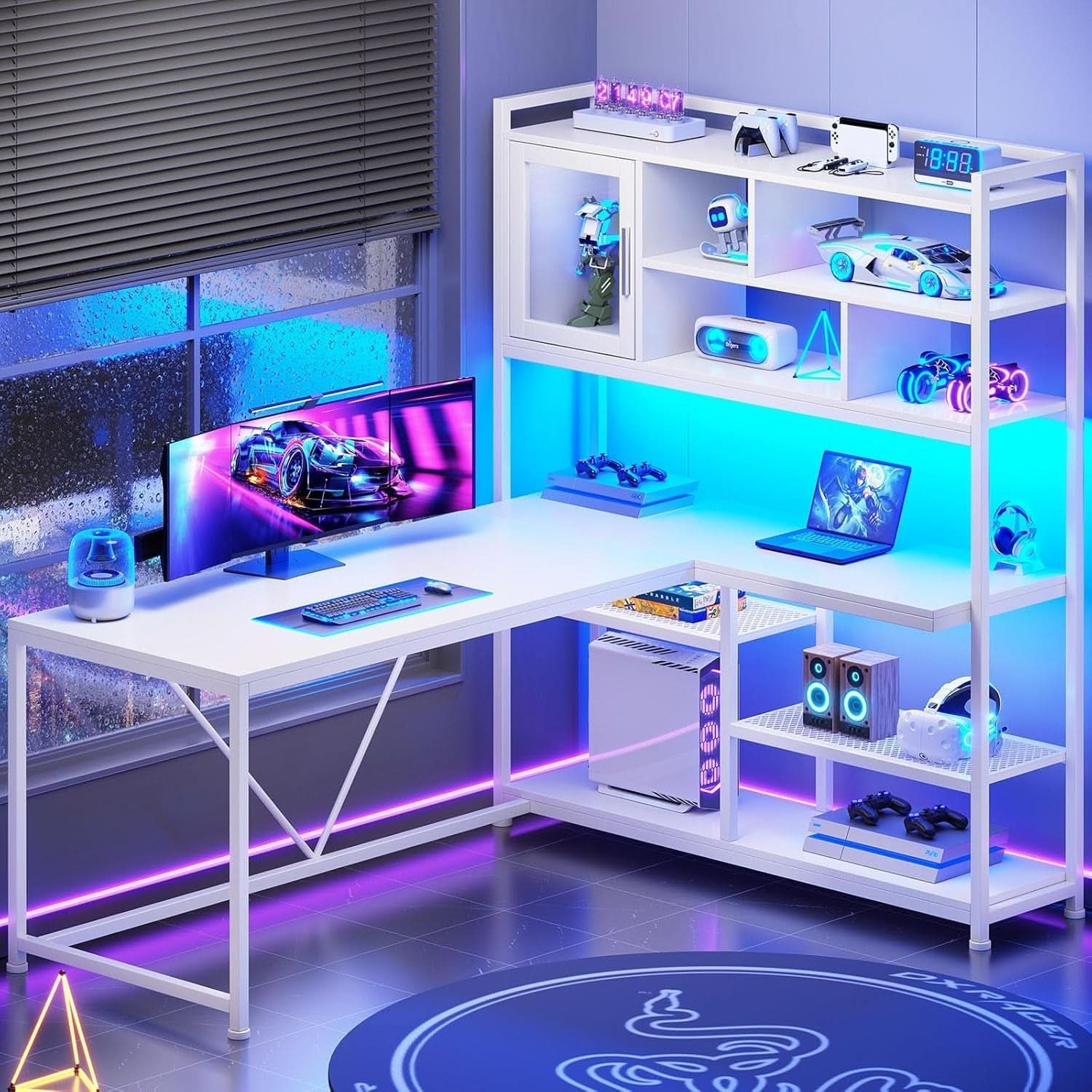 58 Inch L Shaped Desk With LED Light For Home Office