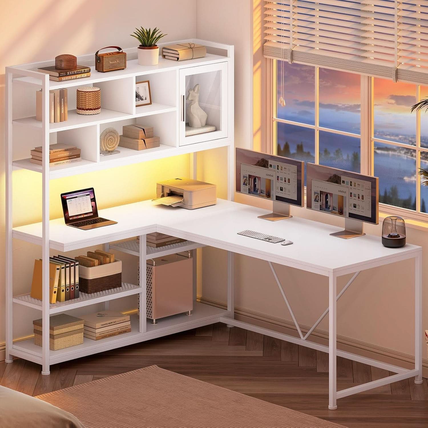 58 Inch L Shaped Desk With LED Light For Home Office